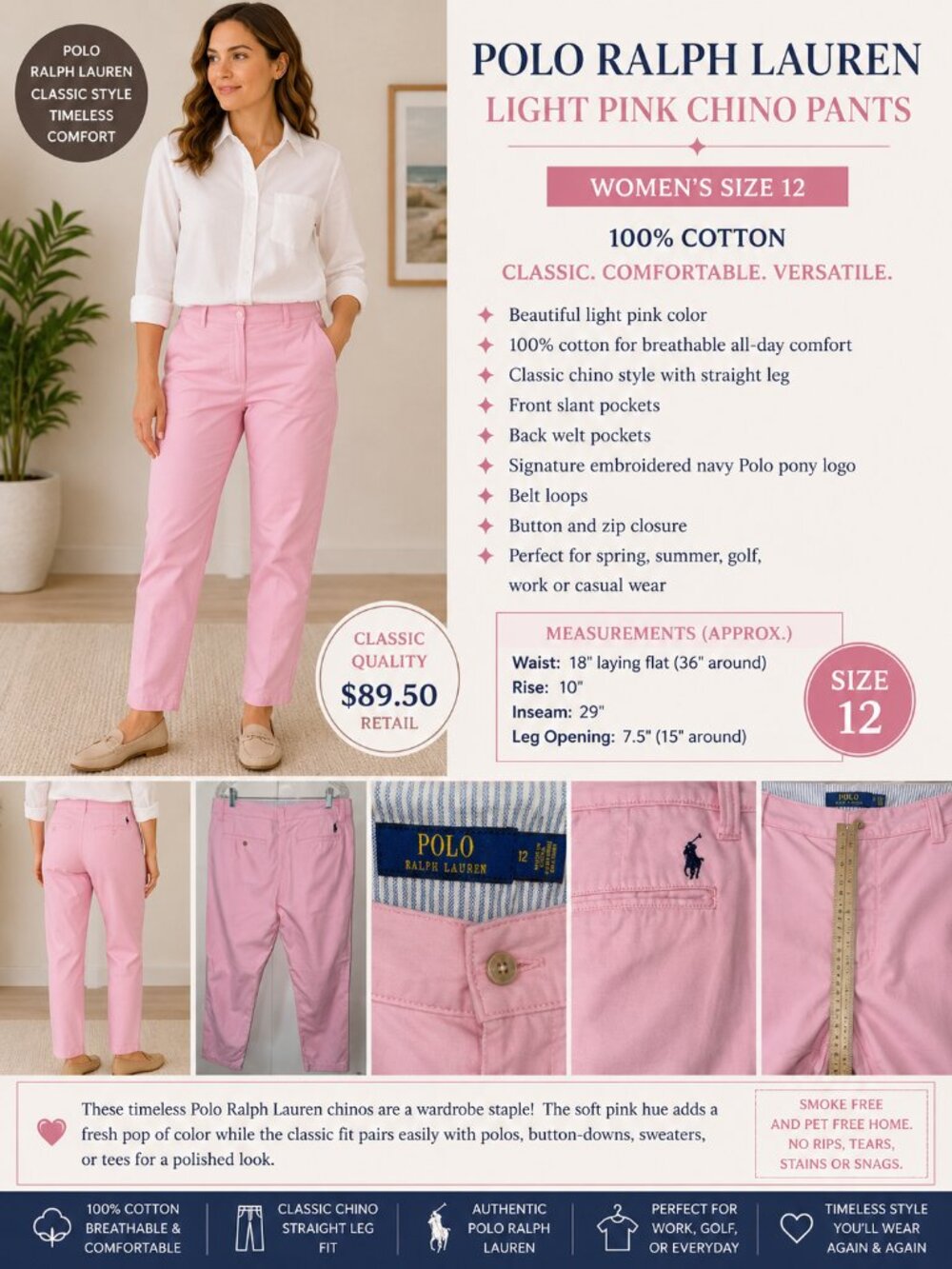 Polo by Ralph Lauren Light Pink Women’s Chino Pants. Size 12.  100% Cotton.